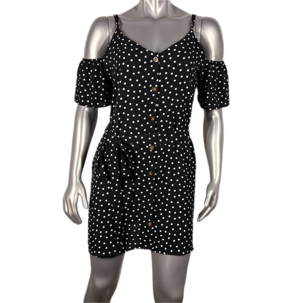 Speechless | Black and White Polka Dot Cold Shoulder Button Front Dress - Picture 2 of 12